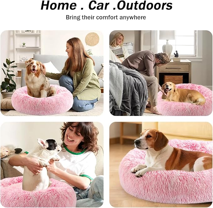 NOYAL Calming Donut Dog Bed for Small to Medium Dogs & Cats - Plush Faux Fur Anti-Anxiety Pet Bed with Machine Washable Cover & Non-Slip Base