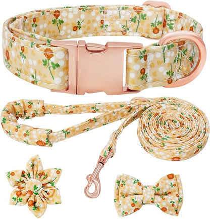 Dog Collar and Leash Set Girls Adjustable Puppy Collars with Floral Bow Tie for Small Medium Large Female Dogs, YellowFlower, L