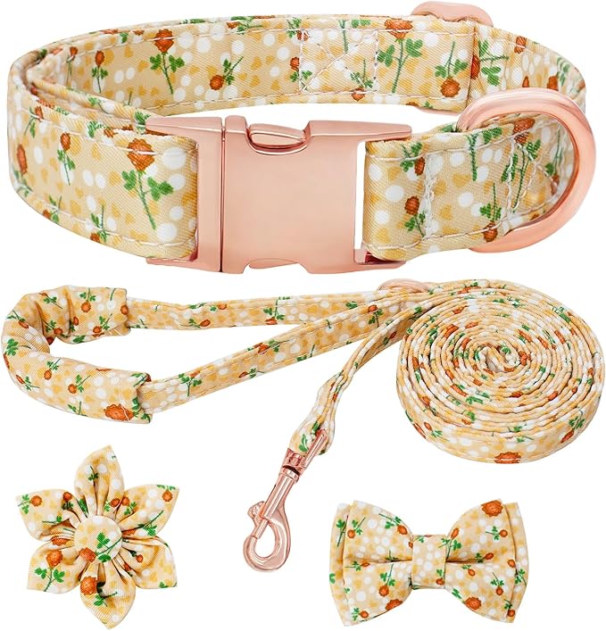 Dog Collar and Leash Set Girls Adjustable Puppy Collars with Floral Bow Tie for Small Medium Large Female Dogs, YellowFlower, XS