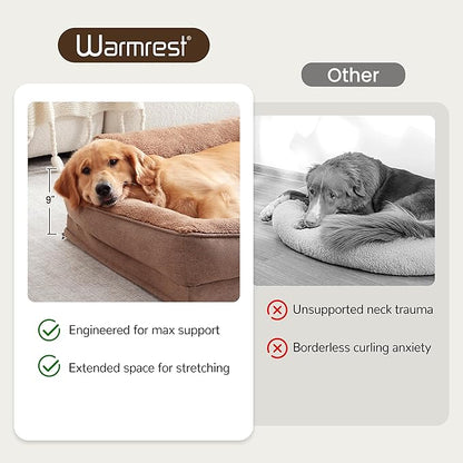 Warmrest XL Orthopedic Dog Beds for Large Dogs, Waterproof Egg-Crate Foam Pet Couch Bed with Soft Sides, Non-Slip Dog Sofa with Fleece Removable Washable Cover, 42" L Supportive Pet Sofa, Brown