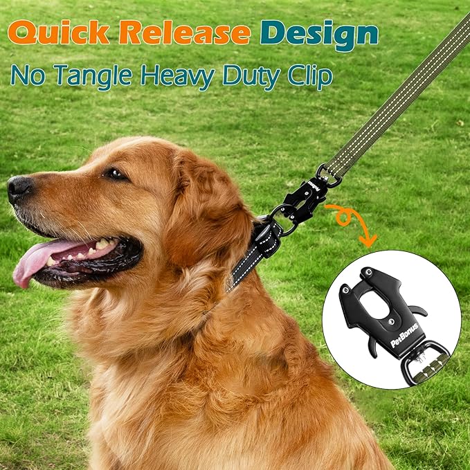 PetBonus Heavy Duty Short Dog Leash, 24 Inch Nylon Traffic Leash with Quick Release Clip, Comfortable Padded Handle, Reflective Training Lead for Medium Large Dogs (Army Green, 24")