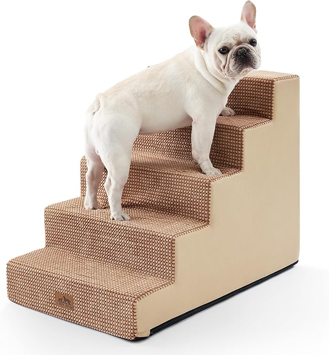 COZY KISS Dog Stairs for Small Dogs 5-Step, 19.7" Extra Wide Right-Angle Pet Stairs for Couch and Beds, Anti-Slip Dog Steps for Old Cats and Lowrider, 19.7x29.5x23.6 inch, Light Brown