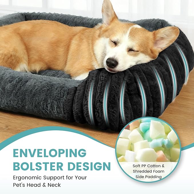 Dog Beds for Medium Dogs 32x24 Inch, Comfort-Sided Orthopedic Dog Bed Couch with Breathable Shredded Memory Foam, Faux Rabbit Fur Pet Bed, Non-Detachable, Non-Slip, Machine Washable