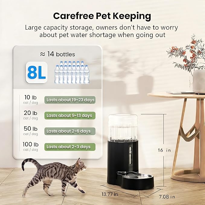 CZPET Dog Water Bowl Dispenser, 8L Automatic Dog and Cat Water Dispenser with Stainless Steel Bowl, Gravity Waterer, Large Capacity, and Quiet Drinking Area for Pets (8L,Black)