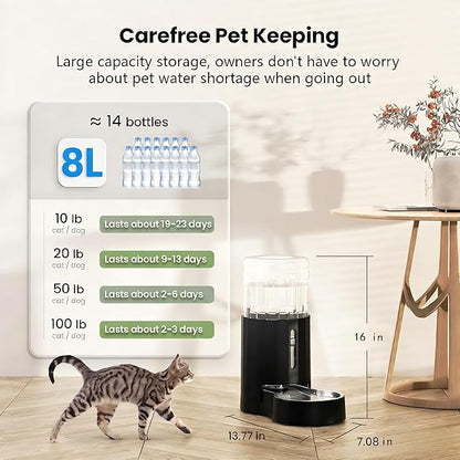 CZPET Dog Water Bowl Dispenser with Filter, Automatic Dog and Cat Water Dispenser with Stainless Steel Bowl, Gravity Waterer, Large Capacity, and Quiet Drinking Area for Pets (8L+Filter,Black)