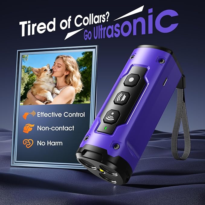 JTJTXL 1-Touch Dog Bark Deterrent Devices with 3 Sonic Heads,Portable 50ft Range Anti Barking Device for Dogs,Rechargeable & Safe Dog Training Tool with Flashlight,Helps Improve Dog's Behavior Purple