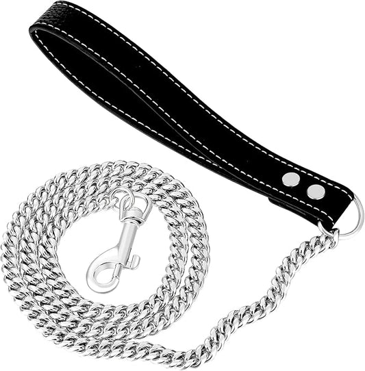 Silver Dog Chain Leash 18K Gold Stainless Steel Cuban Link Dog Leash with Leather Handle for Dogs Collar Chains(4ft/Silver)