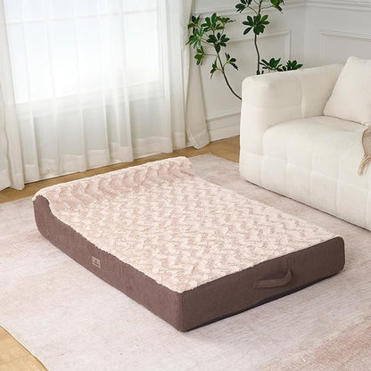 PetFun Jumbo Orthopedic Dog Bed - 7-inch Thick Memory Foam Pet Bed with Pillow Removable Cover Free Waterproof Liner - for Large Dogs (Khaki (Textured Plush), 50''L x 34''W x 10''Th I Extra Large)