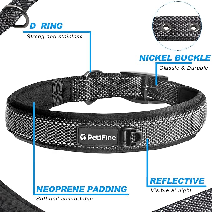 PetiFine Dog Collars for Medium Dogs, Neoprene Padded and Adjustable, Reflective Wide Heavy Duty Pet Collars with Durable Metal Belt Buckle for Walking, Black, M