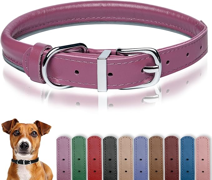 OOPSDOGGY Rolled Leather Dog Collar Reflective Roll Collars for Small Medium Large Dogs Puppy (Fuchsia, S, 10''- 13'')