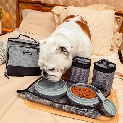 Cleverpup, Large 7-Piece Bistro Box Dog Food Travel Kit, 12-Cup Kibble Storage, 2 Silicone Bowls, Mat & Scoop - Premium Portable Pet Food Kit for Weekends, Overnights, Daycare & Camping, Heather Grey