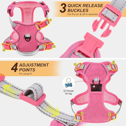 BEAUTYZOO No Pull Dog Harness Large, Adjustable Dog Harness and Leash Set -Easy Wearing with 3 Buckles/Control Handle,No Choke Soft Padded Reflective Pet Vest for Training Walking Hiking,Rose M