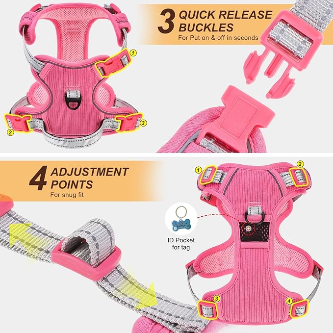 BEAUTYZOO No Pull Dog Harness Large, Adjustable Dog Harness and Leash Set -Easy Wearing with 3 Buckles/Control Handle,No Choke Soft Padded Reflective Pet Vest for Training Walking Hiking,Rose L