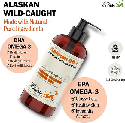 Deley Naturals Wild Alaskan Salmon Oil for Dogs & Cats - New & Improved Salmon Oil Plus Formula - Fish Oil for Dogs with DHA EPA Omega 3 & 6 Fatty Acids - Omega 3 for Skin & Coat - 32oz Made in USA