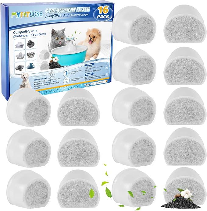 MyfatBOSS 16PCS Carbon Filter Replacement for Cat and Dog Water Fountain - Compatible With Drinkwell Pet Fountain Avalon Pagoda Seascape