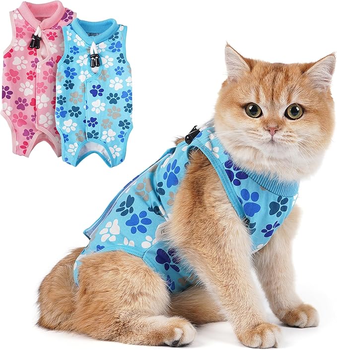 COZYDOODZ Cat Recovery Suit – Soft, Breathable Onesie for Female & Male Pets After Surgery, Spay, Neuter or Wounds, Surgery Outfit, Cone Alternative, Litter Access, Machine Washable, Blue Paw Print