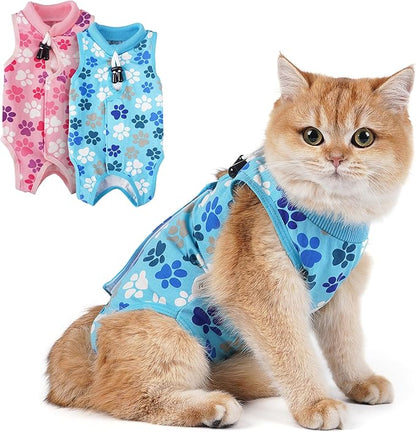 COZYDOODZ Cat Recovery Suit – Soft, Breathable Onesie for Female & Male Pets After Surgery, Spay, Neuter or Wounds, Surgery Outfit, Cone Alternative, Litter Access, Machine Washable, Blue Paw Print