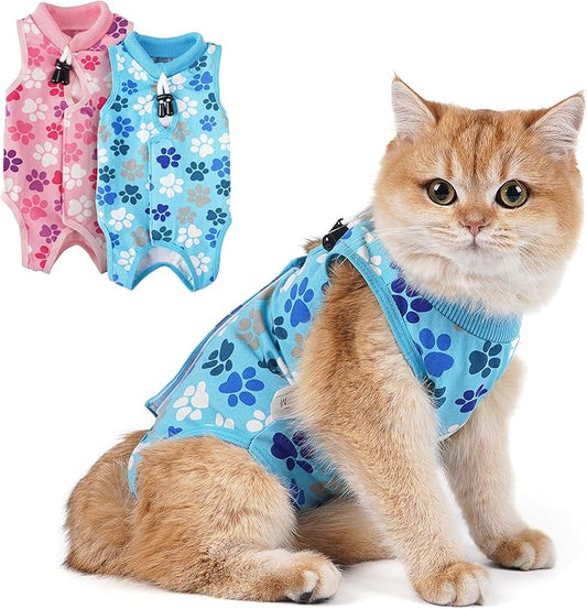 COZYDOODZ Cat Recovery Suit – Soft, Breathable Onesie for Female & Male Pets After Surgery, Spay, Neuter or Wounds, Surgery Outfit, Cone Alternative, Litter Access, Machine Washable, Blue Paw Print