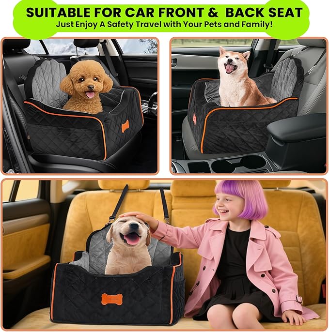 koneboss Dog Car Seat for Small Dogs Under 30lbs, Detachable Washable Pet Booster Seat with Safety Belt & Storage Pockets, Travel Car Bed, Black/Grey