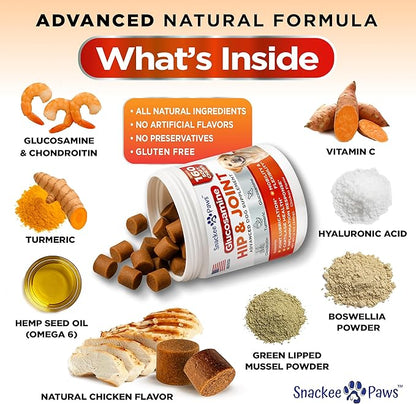Hip and Joint Supplement for Dogs - Glucosamine for Dogs - Approx 160 Joint Pain Relief Chews - Chondroitin, MSM - Hemp Oil - Advanced Canine Health Supplement - Mobility Support Treats