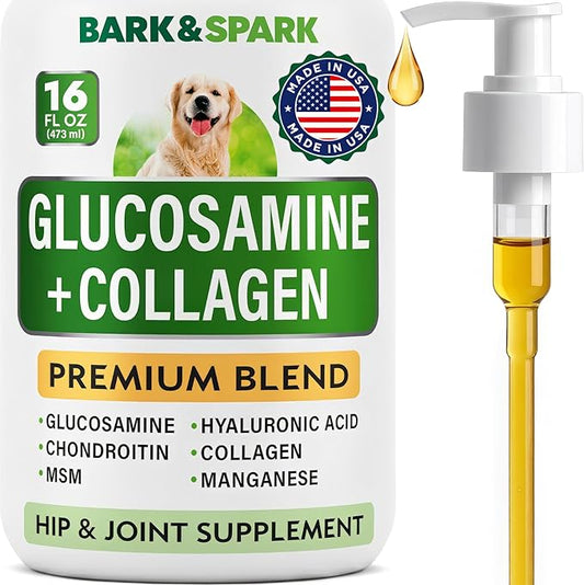 BARK&SPARK Liquid Glucosamine for Dogs w/Collagen (16 OZ) Advanced Mobility Joint Supplement for Dogs - Advanced Formula with Chondroitin, MSM - Hip & Joint + Skin & Coat Care - Made in USA