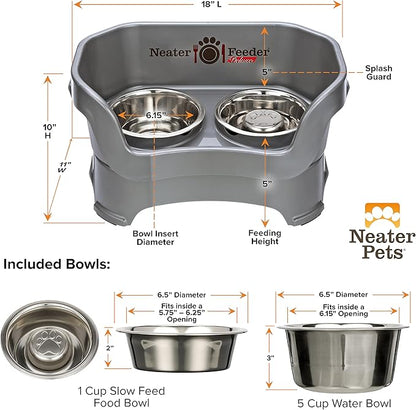 Neater Feeder Deluxe Mess Proof Dog Bowls Elevated for Medium Sized Breeds – Made in USA – No Spill Raised Slow Feeder Elevated Dog Bowl Stand, Stainless Steel Food and Water Bowl Set, Grey