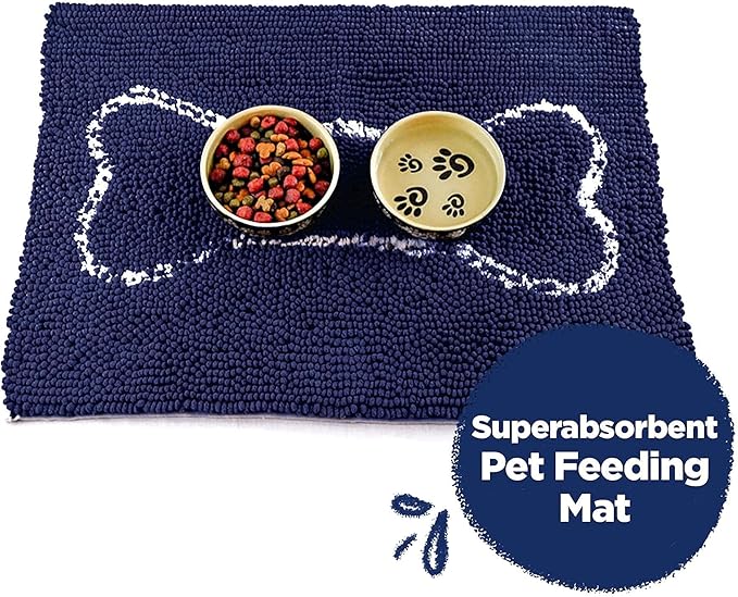 Soggy Doggy Slopmat - Navy Blue/Oatmeal Bone - 18” x 24″ - Water Absorbing Door Mat for Muddy Paws and Food/Water Bowls - Microfiber Chenille Small Doormat - Machine Washable