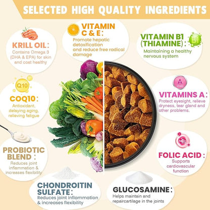 24-in-1 Dog Vitamins and Supplements 200 Ct Dogs Multivitamin Chewable Contain Chondroitin Probiotics Omega-3 Glucosamine for Dogs Skin Coat Heart Joint Gut Liver Brain Immune Support - Peanut Butter