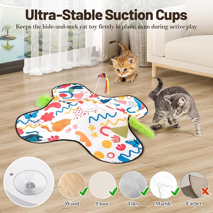 Interactive Cat Toys, Automatic Hide and Seek Cat Toys for Indoor Cats with 4 Lifelike Sounds, Touch Activated, Motorized Wand Feather, and Moving Butterfly for Bored Adult Kitten Cats