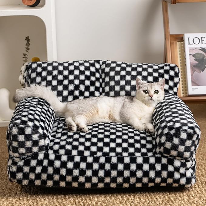Faux Fur Cat & Dog Sofa Cat Couch Mini Cat Bed Indoor Human Style Pet Sofa, Modern Pet Furniture for Cats, Washable ＆ Removable Cover, for Cats and Small Medium Dogs (Black/White, Medium(24X19 inch))