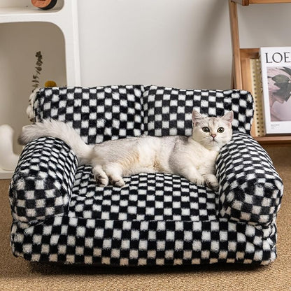 Faux Fur Cat & Dog Sofa Cat Couch Mini Cat Bed Indoor Human Style Pet Sofa, Modern Pet Furniture for Cats, Washable ＆ Removable Cover, for Cats and Small Medium Dogs (Black/White, Medium(24X19 inch))