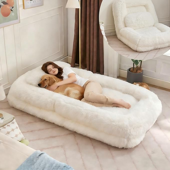 KEIKI 69" Human Dog Bed for Adults, Plush Faux Fur Giant Dog Bed with Adjustable Recliner Function, Foldable Nest Sofa with Pillows for Bedroom or Living Room, Beige