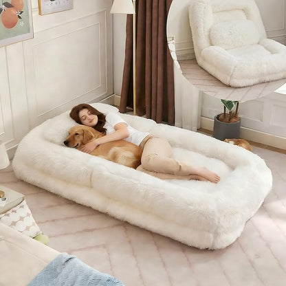 KEIKI 69" Human Dog Bed for Adults, Plush Faux Fur Giant Dog Bed with Adjustable Recliner Function, Foldable Nest Sofa with Pillows for Bedroom or Living Room, Beige