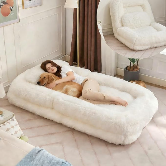 KEIKI 69" Human Dog Bed for Adults, Plush Faux Fur Giant Dog Bed with Adjustable Recliner Function, Foldable Nest Sofa with Pillows for Bedroom or Living Room, Beige