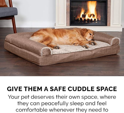Furhaven Cooling Gel Dog Bed for Large/Medium Dogs w/ Removable Bolsters & Washable Cover, For Dogs Up to 55 lbs - Luxe Faux Fur & Performance Linen Sofa - Woodsmoke, Large