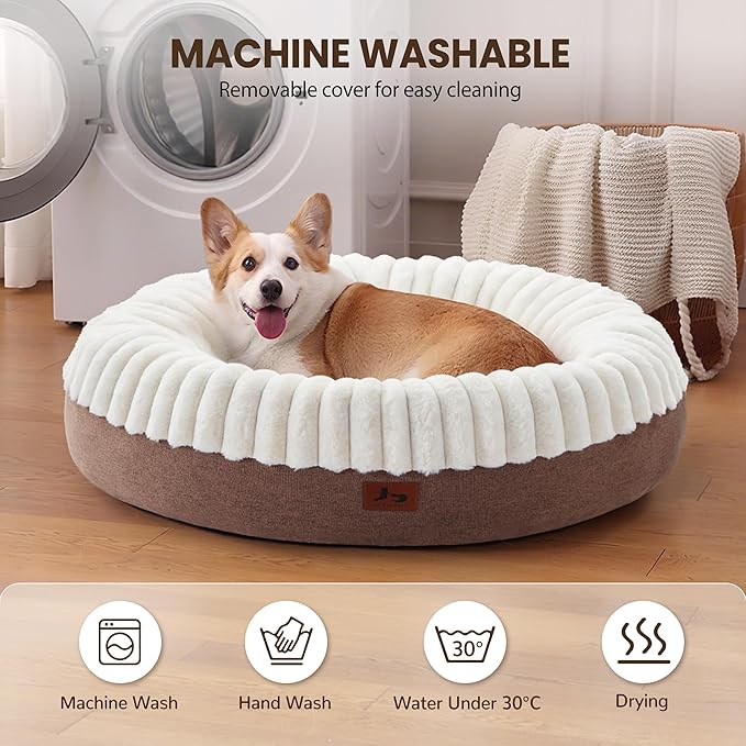 Warmrest Donut Dog Bed Medium Size Dog 36 Inch, Round Cat Beds for Small Medium Dogs and Cats with Washable Fluffy Faux Fur, Cute Comfort Pet Bed with Anti-Slip Bottom, Cream