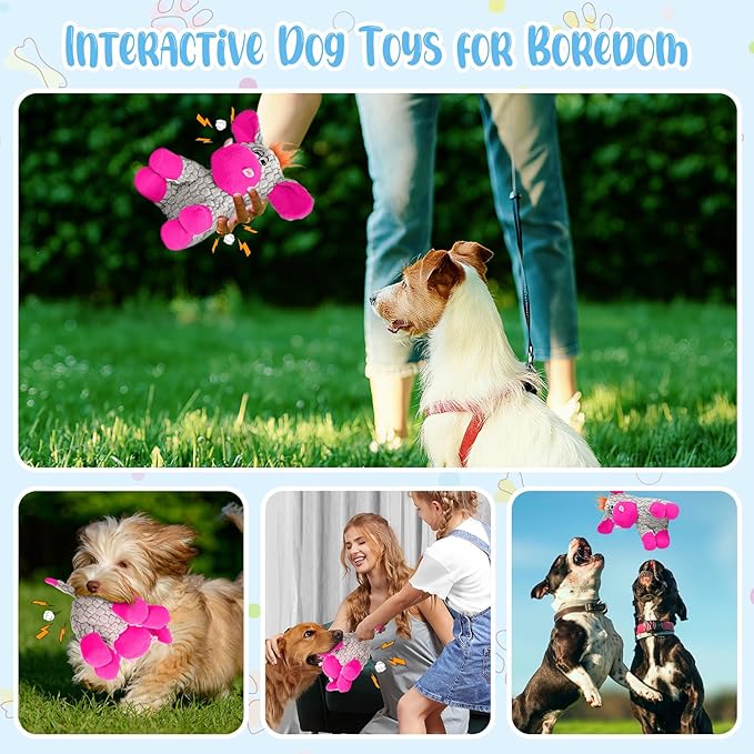 Stuffed Dog Squeak Toys, Tough Crinkle Stuffed Animal Squeaky Interactive Toys, Dog Chew Toys for Puppy, Small, Middle, Plush Chew Toys Pink Donkey