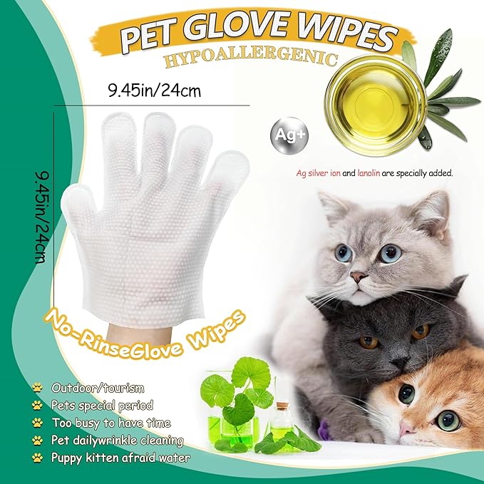 CHPPEY 10 PCS Pet Cleaning and Deodorizing Bathing Grooming Glove Wipes for Dogs and Cats, Extra Thick Nourish Fur No-Rinse Grooming Wipes for Daily Care and Travel, Hypoallergenic