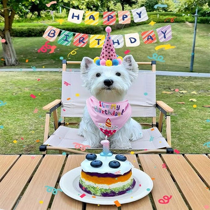 Pet Birthday Party Set with Hat and Bandana for Dogs and Cats with Star Pattern Design, Adjustable Sequin Bow tie Accessories, Pink Birthday Girl Scarf (Pink)
