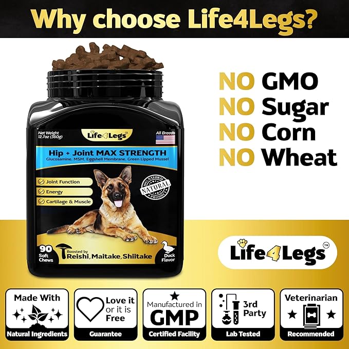Life4Legs - Soft Chews Hip and Joint Supplement for Dogs - Dog Joint Pain Relief Treats - Glucosamine, Chondroitin, Turmeric- Mobility Supplement