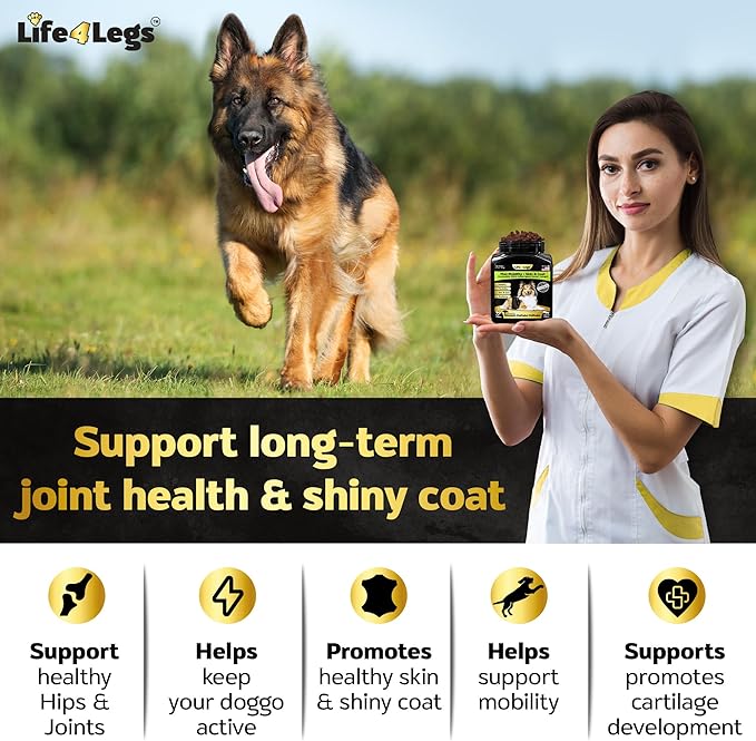 Life4Legs - Hip and Joint Chews for Dogs Plus Skin and Coat Supplement - Dog Joint Pain Relief Treats - Glucosamine, Chondroitin, MSM, Hemp Oil, Turmeric, Omega 3 for Dogs, Mobility Bites Dog Health