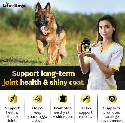 Life4Legs - Hip and Joint Chews for Dogs Plus Skin and Coat Supplement - Dog Joint Pain Relief Treats - Glucosamine, Chondroitin, MSM, Hemp Oil, Turmeric, Omega 3 for Dogs, Mobility Bites Dog Health