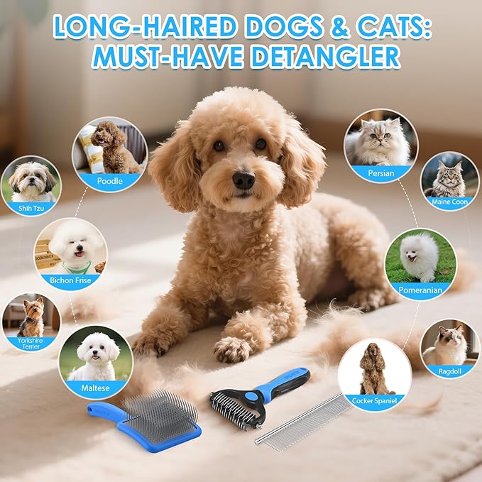 Large Slicker Brush for Dogs – 3pc Grooming Kit with Undercoat Rake & Comb, Deshedding Pin Brush for Mats & Shedding on Long-Haired & Double-Coated Dogs, Cats, Poodles & Goldendoodle, Blue