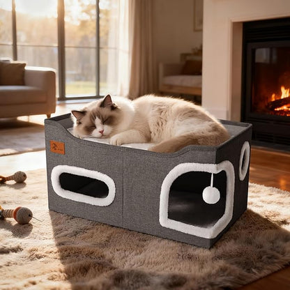 Petizer Cat House for Indoor Cats - Foldable Large Cat Bed Cave with Fluffy Ball and Scratch Pad, Cat Hideaway for Cats, Dark Grey, 23.8 x16.34 x12.8inch (Can Add Pet Heating Pad)