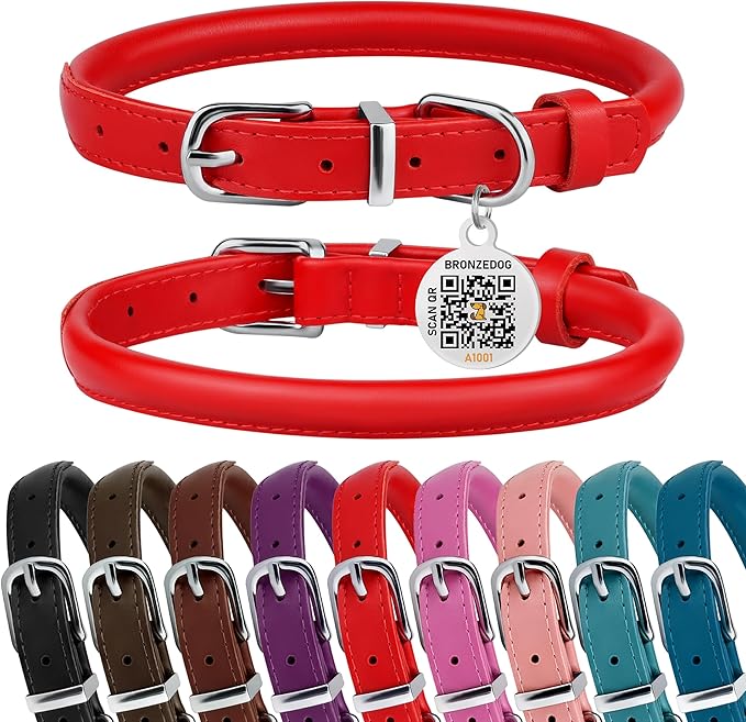 BRONZEDOG Rolled Leather Dog Collar for Small Medium Large Dogs with QR ID Tag (L: 16-18 Inch, Scarlet Red)