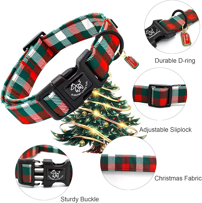 Elegant little tail Christmas Dog Collar, Red and Green Plaid Pet Collar Cotton Soft Winter Dog Collars Holiday with Quick Release Buckle Pet Puppy Collars for X-Small Dogs