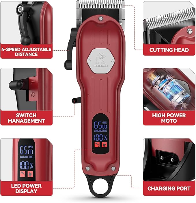 Dog Grooming Kit for Heavy Thick Hair & Coats, Low Noise Trimmer, Rechargeable Cordless Pet Shaver With Stainless Steel Blade, Clippers for Small Large Dogs Pets (Red)
