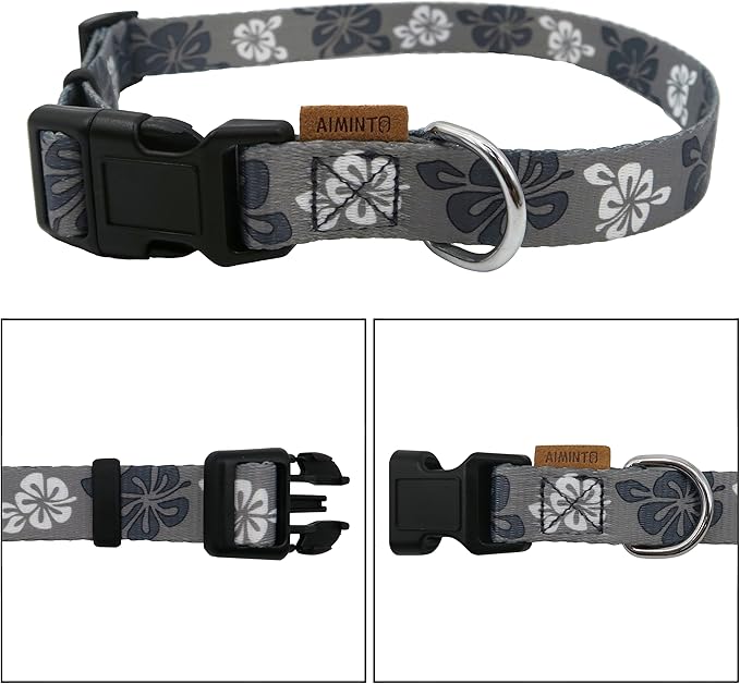 Dog Collar, Cute Floral Pattern, Soft and Adjustable Collar with Quick Release Buckle (M (Neck 14-24", Width 3/4"), Hawaiian Grey)