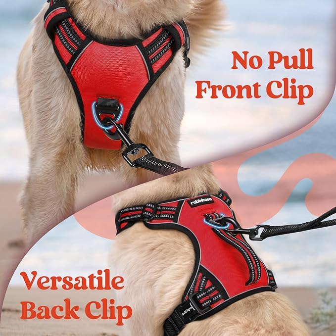 rabbitgoo Dog Harness for Large Dogs, No Pull Pet Harness with Soft Padded Handle, Adjustable Reflective Vest with 3 Buckles, Easy Walking Harness with 2 Leash Clips, Red, L