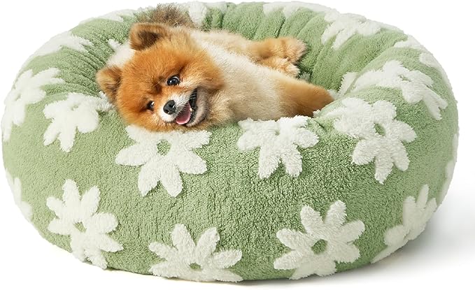 LE SURE Small Dog and Cat Bed - Round Calming Beds as Present for Pets, Cute Modern Design with Jacquard Shaggy Plush, Anti-Slip Bottom, 23 Inch, Green